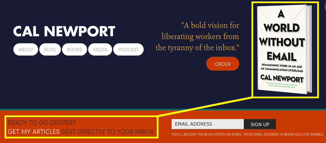 A screenshot of Newport's website, showing an ad for his book <cite>A World Without Email</cite>, next to a banner inviting you to sign up for blog updates via email