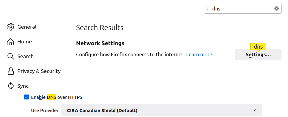A screenshot of searching for DNS options in the Firefox settings menu