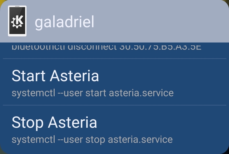 A screenshot of the KDE Connect Android widget, showing my custom commands to start/stop Asteria