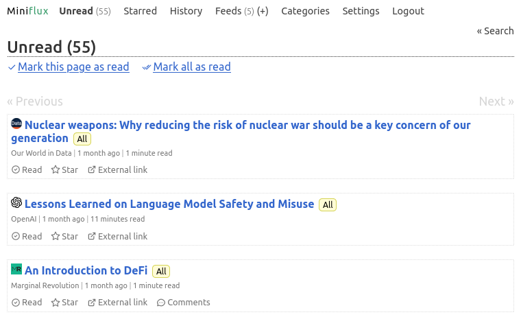 Screenshot of my Miniflux home page